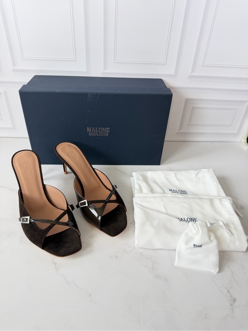 Malone Souliers Francine 70-4 Ebony Suede Patent Leather Mule Heels EU 38.5